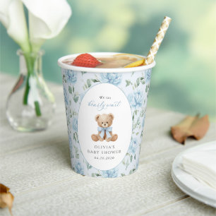 Teddy Bear, Blue Bow, Blue Flowers, Baby Shower Paper Cups
