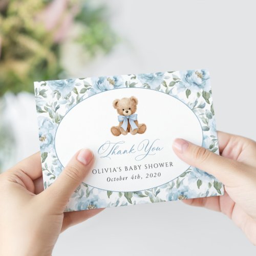 Teddy Bear, Blue Bow, Blue Flowers, Baby Shower Thank You Card