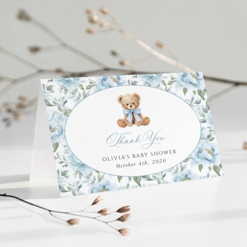 Teddy Bear, Blue Bow, Blue Flowers, Baby Shower Thank You Card
