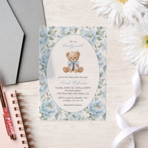 Teddy Bear, Blue Bow, Blue Flowers, Baby Shower Vellum Invitations
