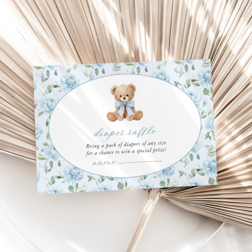 Teddy Bear, Blue Bow, Blue Flowers, Diaper Raffle Enclosure Card