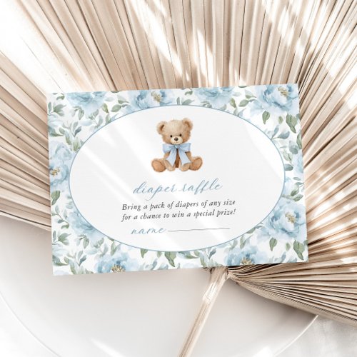 Teddy Bear, Blue Bow, Blue Flowers, Diaper Raffle Enclosure Card