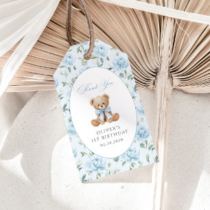 Teddy Bear, Blue Bow, Blue Flowers, First Birthday Gift Tags