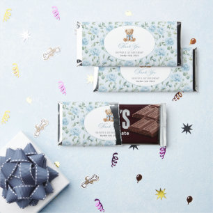 Teddy Bear, Blue Bow, Blue Flowers, First Birthday Hershey Bar Favors