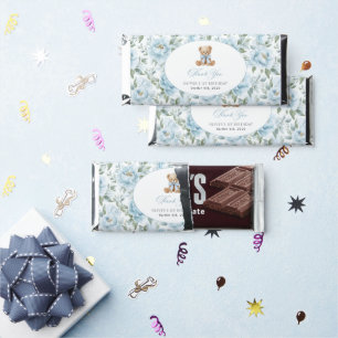 Teddy Bear, Blue Bow, Blue Flowers, First Birthday Hershey Bar Favors