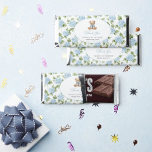 Teddy Bear, Blue Bow, Blue Flowers, First Birthday Hershey Bar Favors