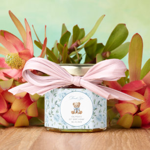 Teddy Bear, Blue Bow, Blue Flowers, First Birthday Honey Jar Favors