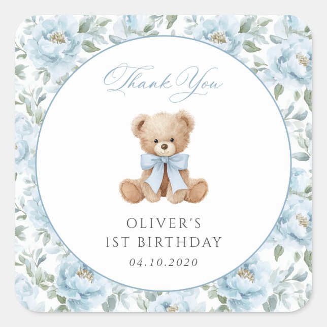 Teddy Bear, Blue Bow, Blue Flowers, First Birthday Square Sticker (Front)