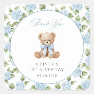 Teddy Bear, Blue Bow, Blue Flowers, First Birthday Square Sticker