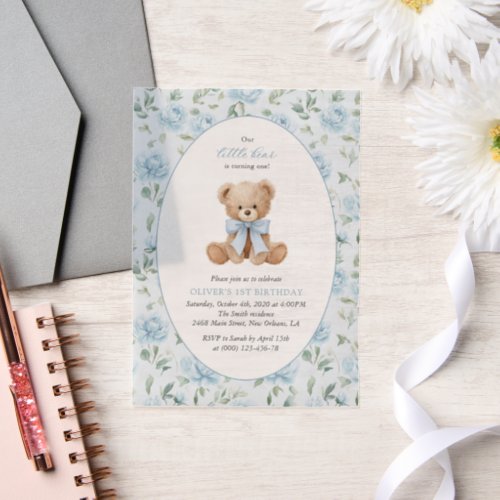 Teddy Bear, Blue Bow, Blue Flowers, First Birthday Vellum Invitations