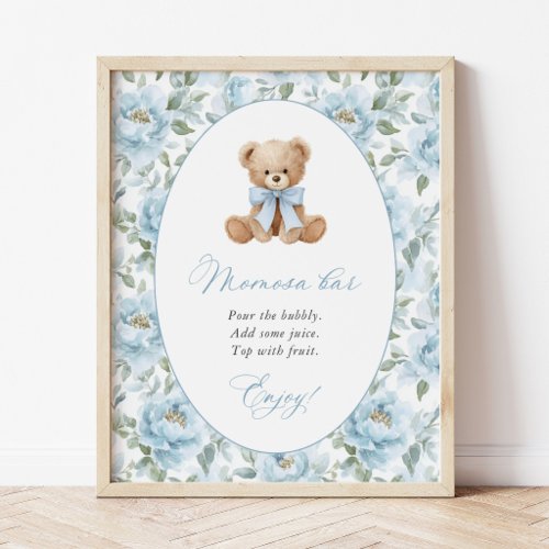 Teddy Bear, Blue Bow, Blue Flowers, Momosa Bar Poster