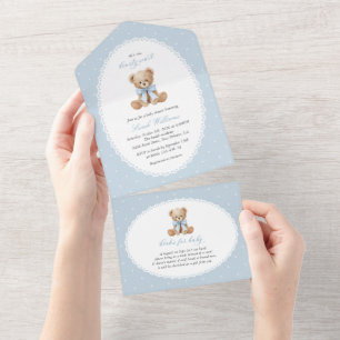 Teddy Bear, Blue Bow, Blue Polka Dots, Baby Shower All In One Invitation