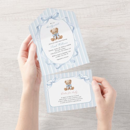 Teddy Bear, Blue Bow, Blue Stripes, Baby Shower All In One Invitation