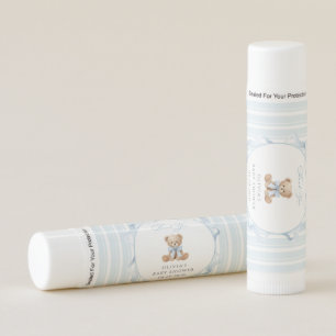 Teddy Bear, Blue Bow, Blue Stripes, Baby Shower Lip Balm
