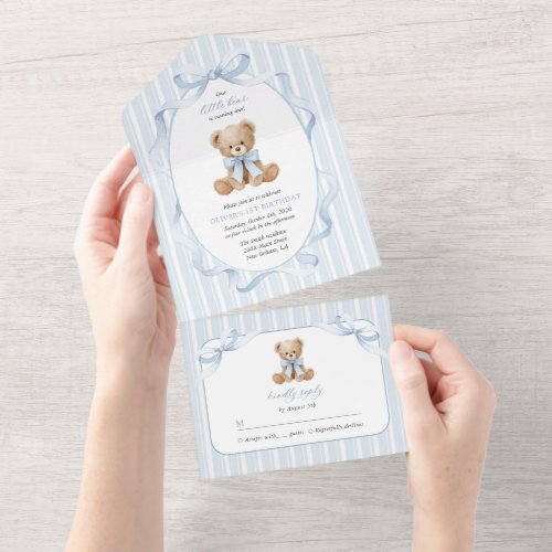Teddy Bear, Blue Bow, Blue Stripes, First Birthday All In One Invitation