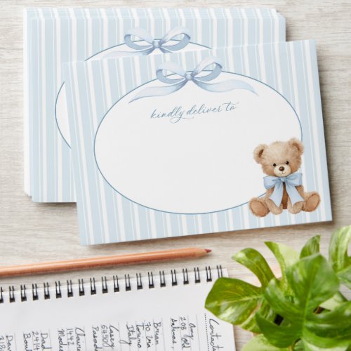 Teddy Bear, Blue Bow, Blue Stripes, First Birthday Envelope