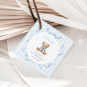 Teddy Bear, Blue Bow, Blue Stripes, First Birthday Favor Tags