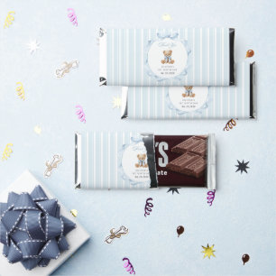 Teddy Bear, Blue Bow, Blue Stripes, First Birthday Hershey Bar Favors