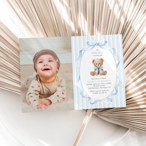 Teddy Bear, Blue Bow, Blue Stripes, First Birthday Invitation