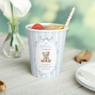 Teddy Bear, Blue Bow, Blue Stripes, First Birthday Paper Cups