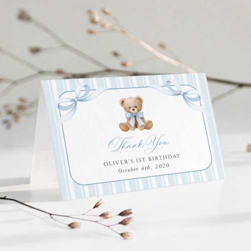 Teddy Bear, Blue Bow, Blue Stripes, First Birthday Thank You Card