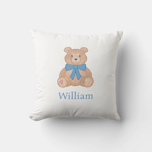 Teddy Bear Blue Bow Nursery Throw Pillow (Front)