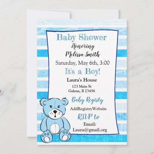 Teddy Bear Blue Boy Baby Shower Invitations (Front)