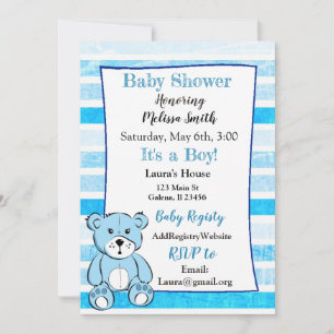 Teddy Bear Blue Boy Baby Shower Invitations