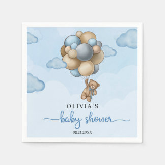 Teddy bear blue brown balloons Baby shower Napkins