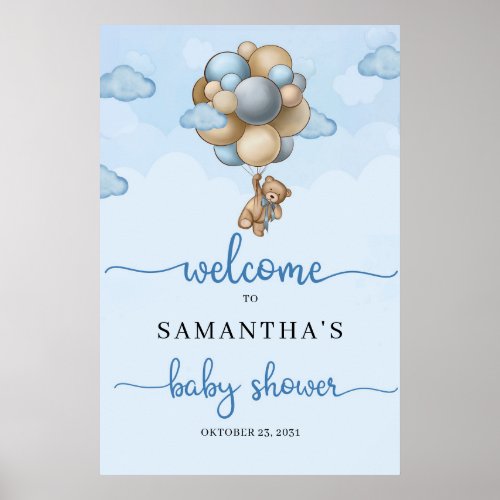 Teddy bear blue brown balloons baby Welcome Sign