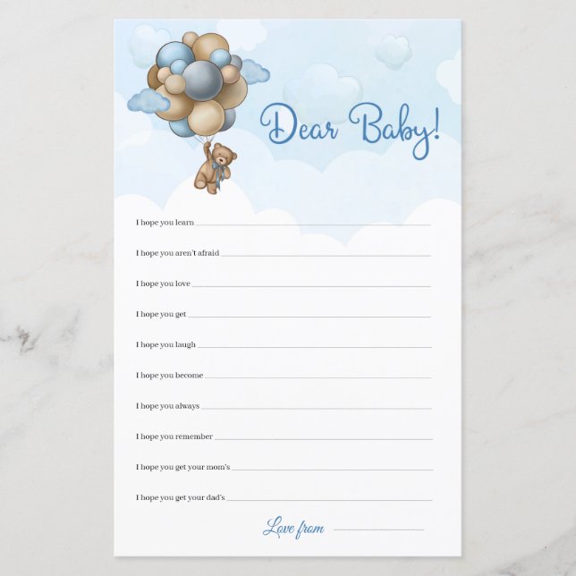Teddy bear blue brown balloons Dear Baby Wishes (Front)