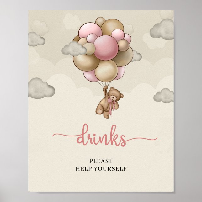 Teddy bear blue brown balloons drinks table sign (Front)
