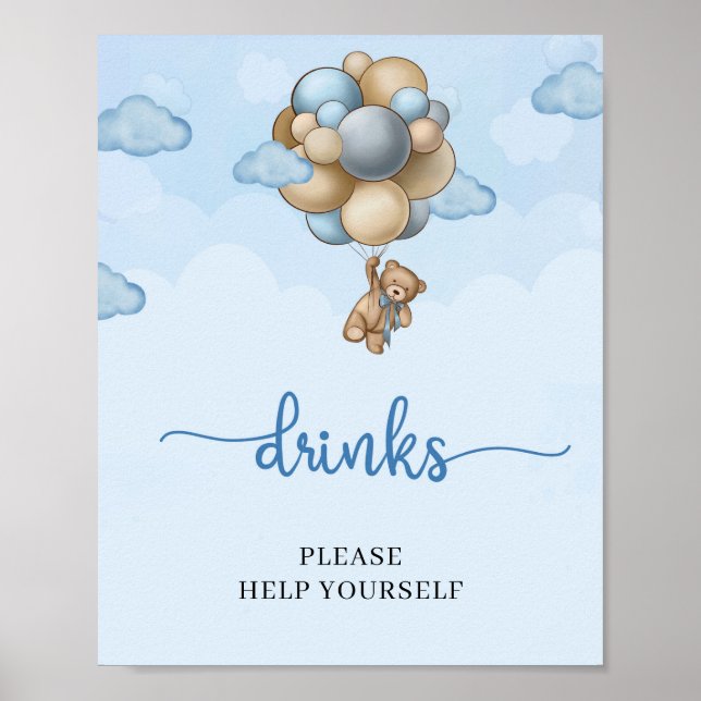 Teddy bear blue brown balloons drinks table sign (Front)