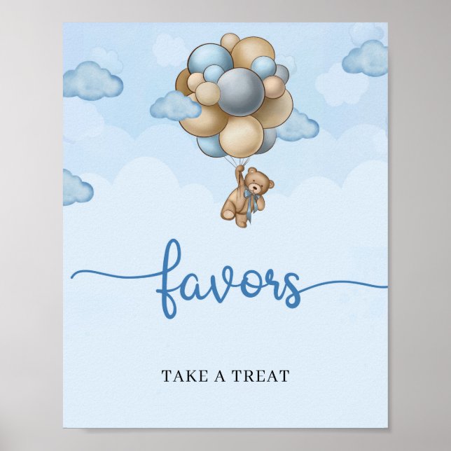 Teddy bear blue brown balloons favors table sign (Front)