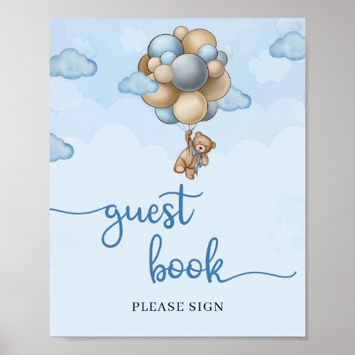 Teddy bear blue brown balloons guest book sign