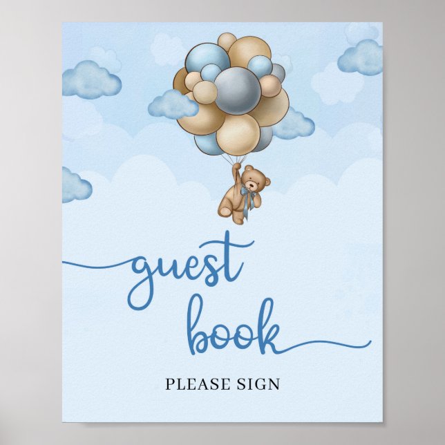 Teddy bear blue brown balloons guest book sign (Front)