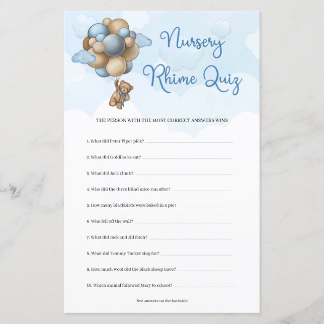 Teddy bear blue brown balloons Nursery Rhyme Quiz (Front)