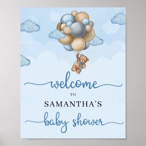 Teddy bear blue brown balloons welcome sign