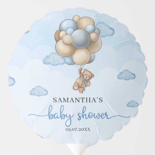 Teddy bear blue brown beige balloons baby shower