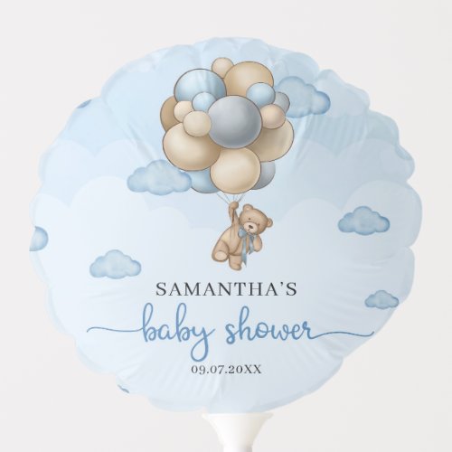 Teddy bear blue brown beige balloons baby shower