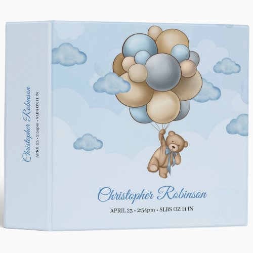 Teddy bear blue brown beige balloons baby shower 3 ring binder