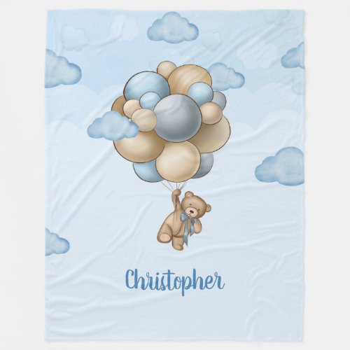 Teddy bear blue brown beige balloons baby shower fleece blanket