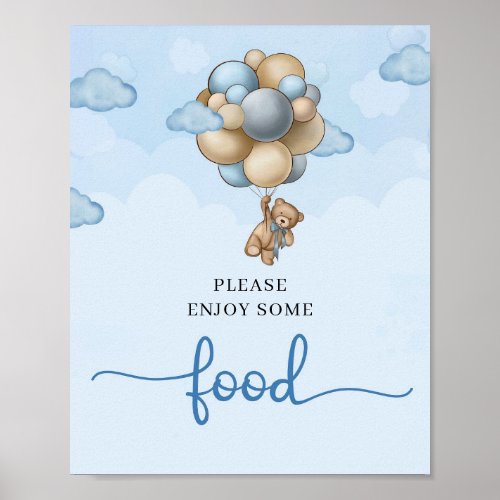 Teddy bear blue brown beige balloons food sign