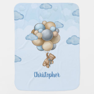 Teddy bear blue brown beige balloons gift baby blanket