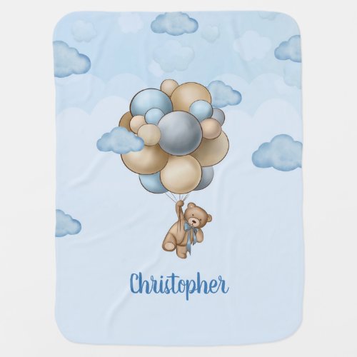 Teddy bear blue brown beige balloons gift baby blanket