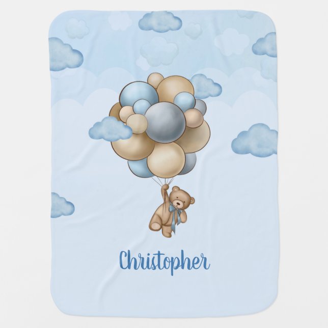 Teddy bear blue brown beige balloons gift baby blanket (Front)