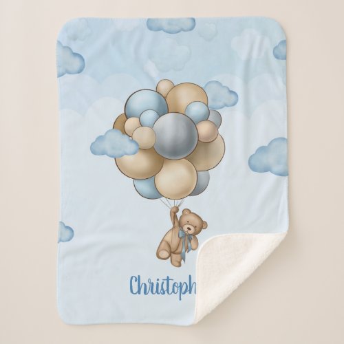 Teddy bear blue brown beige balloons personalized  sherpa blanket