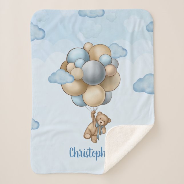 Teddy bear blue brown beige balloons personalized  sherpa blanket (Front)