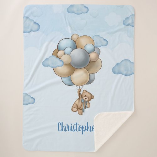 Teddy bear blue brown beige balloons personalized sherpa blanket