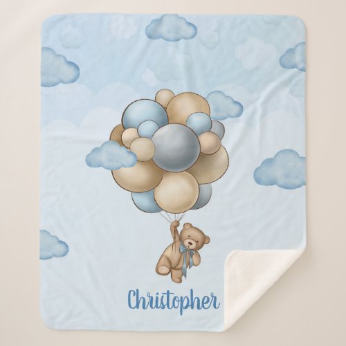 Teddy bear blue brown beige balloons personalized sherpa blanket